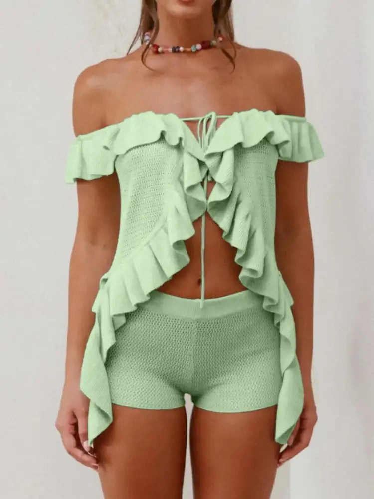 Off-Shoulder Ruffle Top and Shorts Sweater Set
