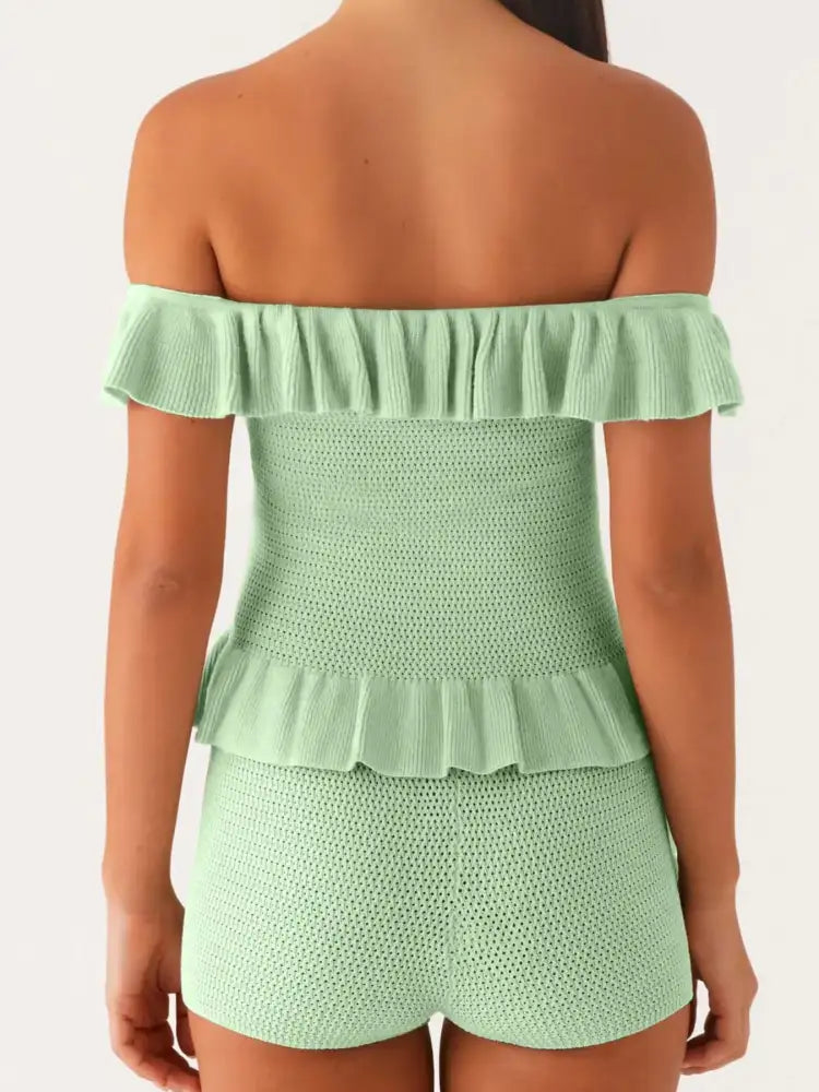 Off-Shoulder Ruffle Top and Shorts Sweater Set