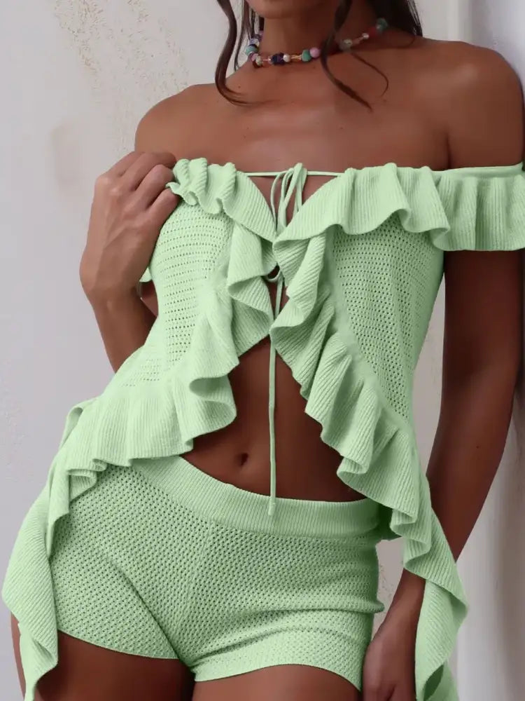 Off-Shoulder Ruffle Top and Shorts Sweater Set