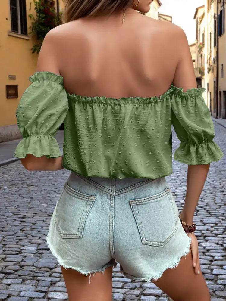 Off-Shoulder Swiss Dot Blouse with Tie Front Detail