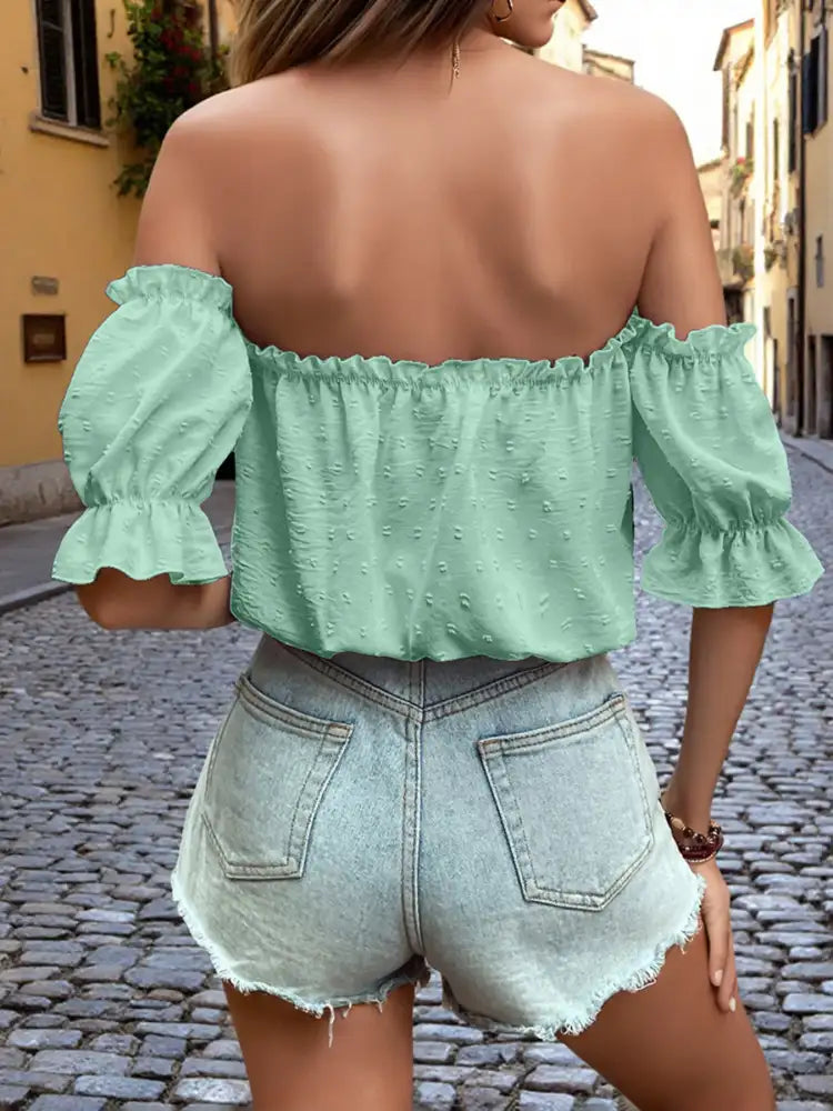 Off-Shoulder Swiss Dot Blouse with Tie Front Detail