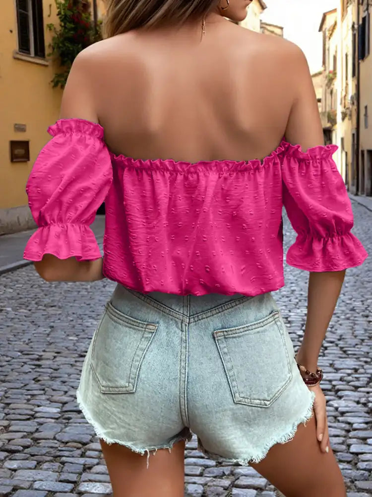 Off-Shoulder Swiss Dot Blouse with Tie Front Detail