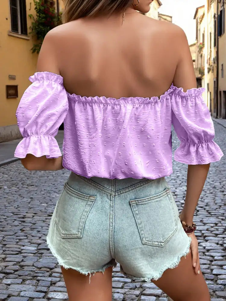 Off-Shoulder Swiss Dot Blouse with Tie Front Detail