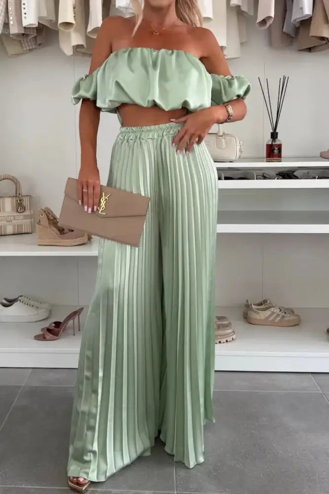Off-Shoulder Top and Pleated Pants Set