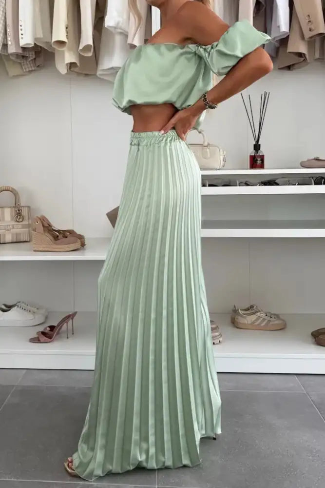 Off-Shoulder Top and Pleated Pants Set