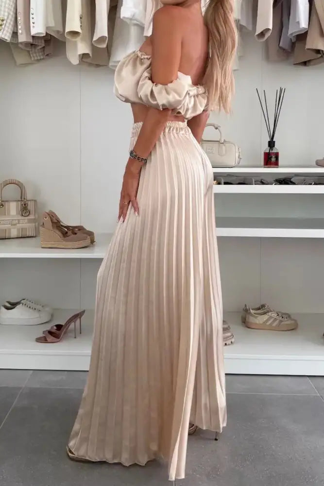 Off-Shoulder Top and Pleated Pants Set