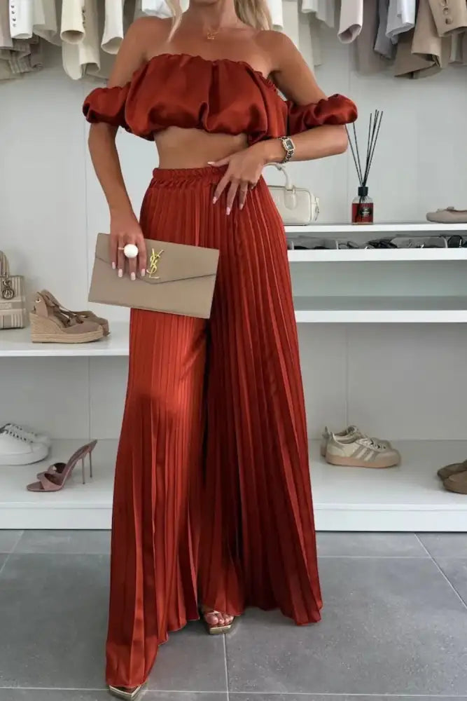 Off-Shoulder Top and Pleated Pants Set