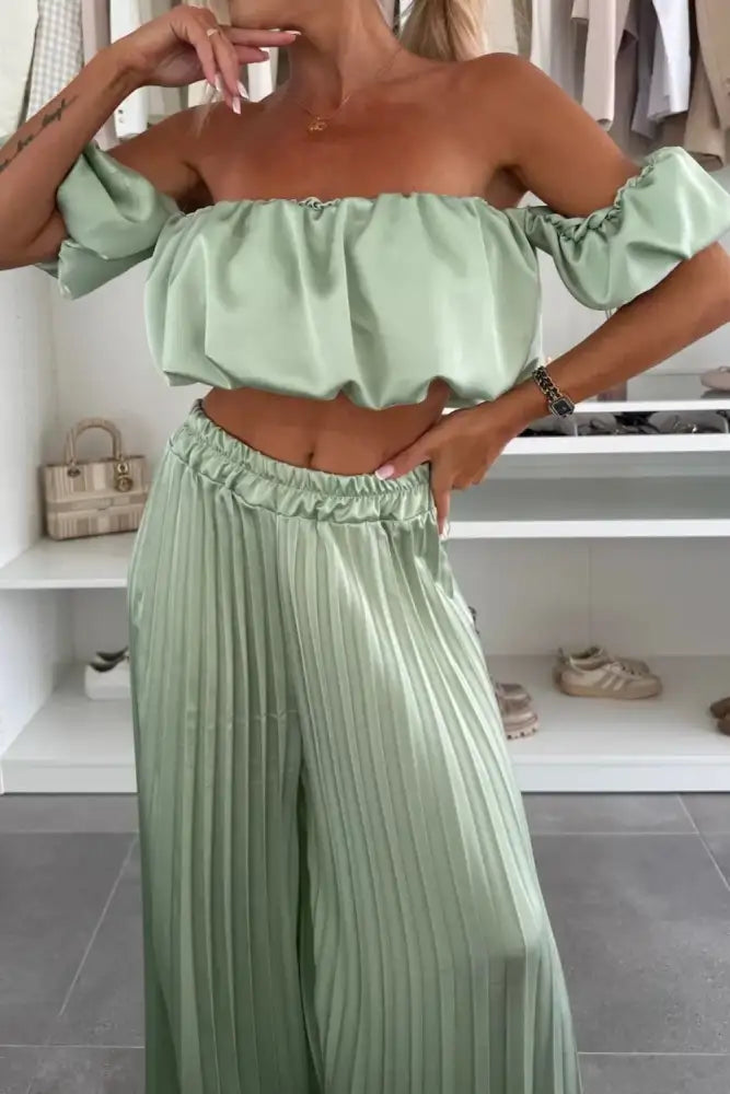 Off-Shoulder Top and Pleated Pants Set