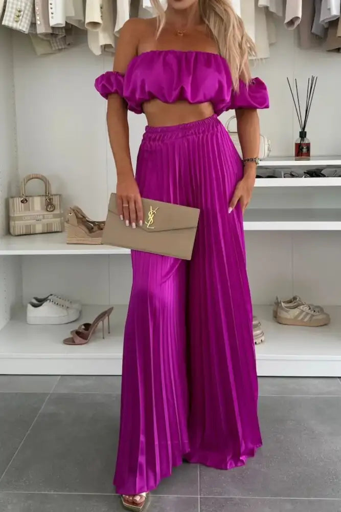 Off-Shoulder Top and Pleated Pants Set