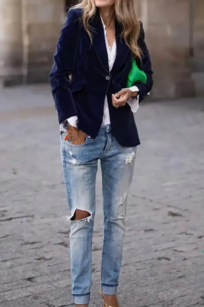 One Button Lapel Collar Long Sleeve Blazer