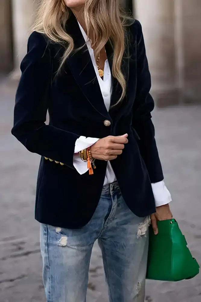 One Button Lapel Collar Long Sleeve Blazer