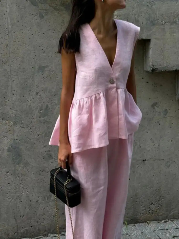 One Button Peplum Top and Pants Set