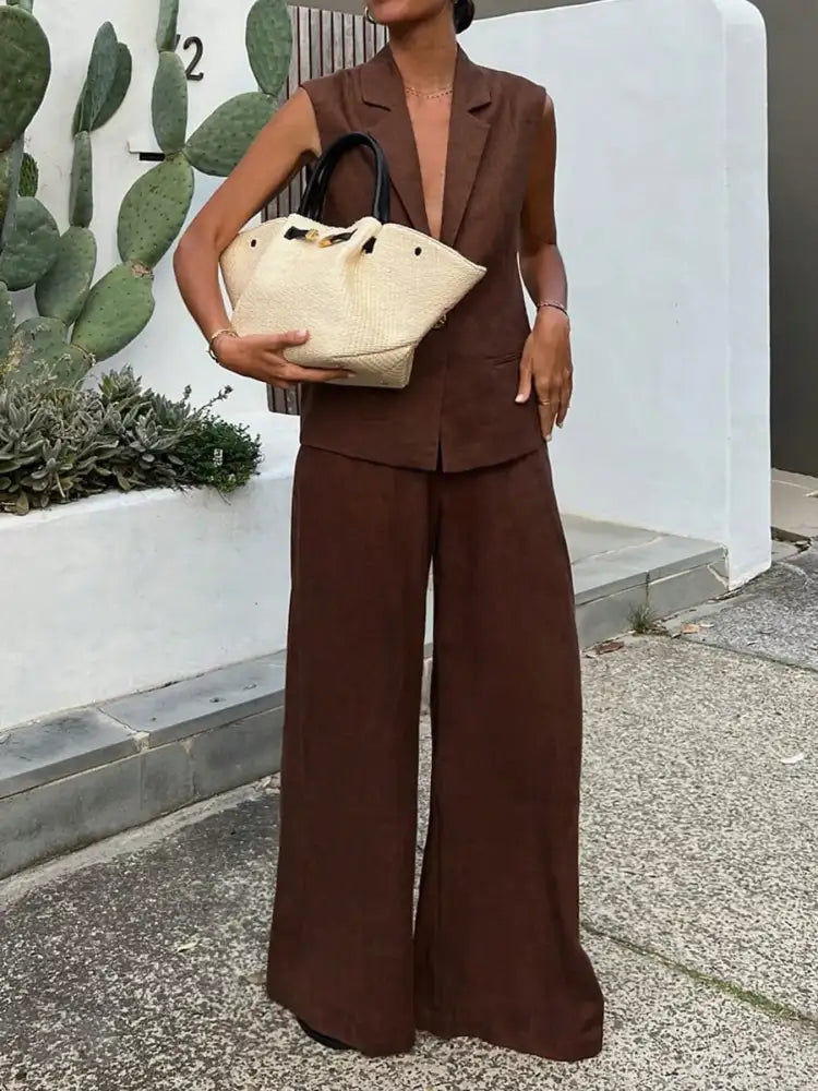 One Button Sleeveless Top and Pants Set