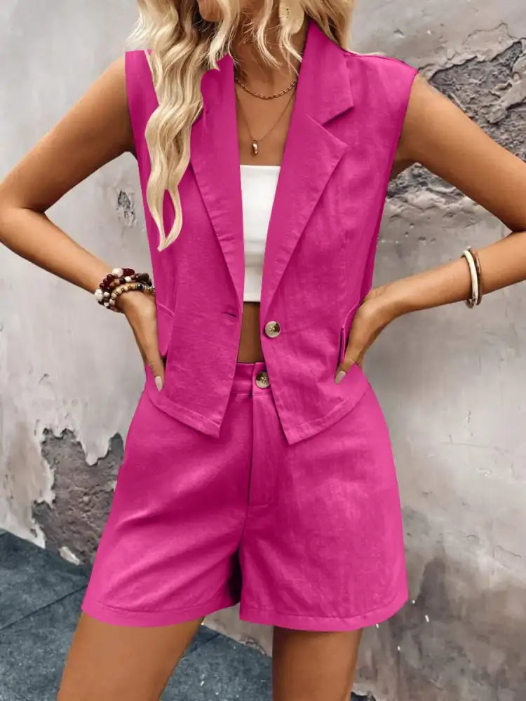 One Button Sleeveless Top and Shorts Set