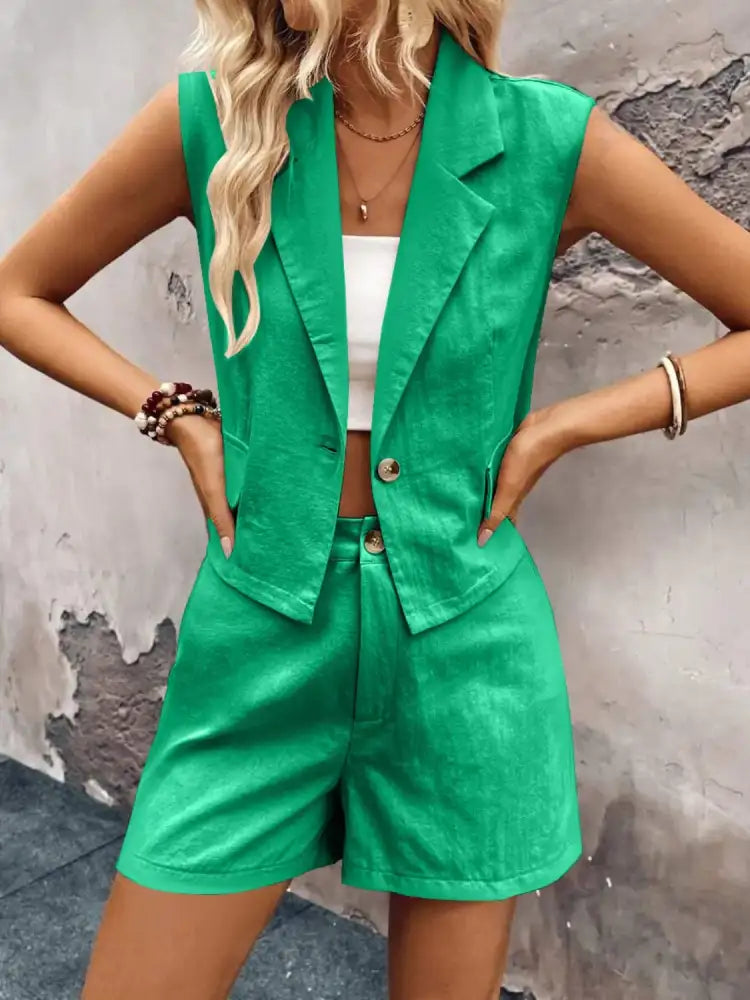 One Button Sleeveless Top and Shorts Set