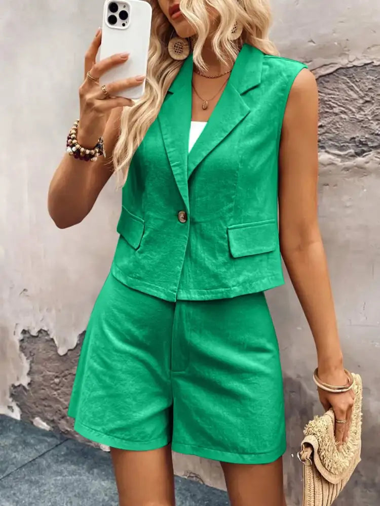 One Button Sleeveless Top and Shorts Set