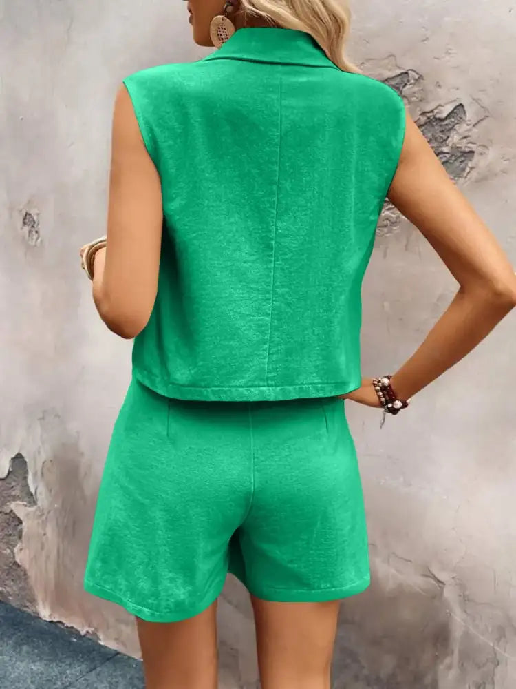 One Button Sleeveless Top and Shorts Set