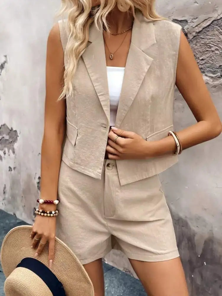 One Button Sleeveless Top and Shorts Set