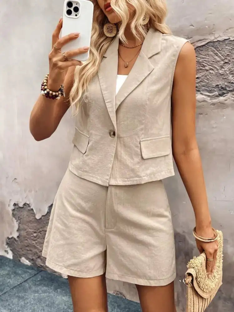 One Button Sleeveless Top and Shorts Set