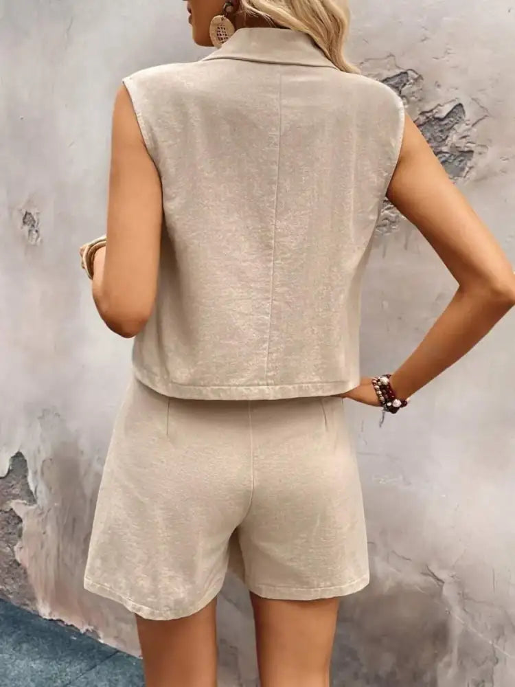 One Button Sleeveless Top and Shorts Set