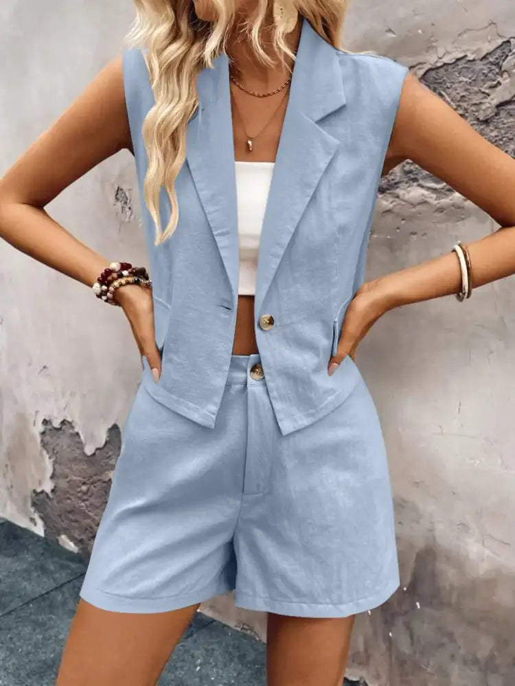 One Button Sleeveless Top and Shorts Set