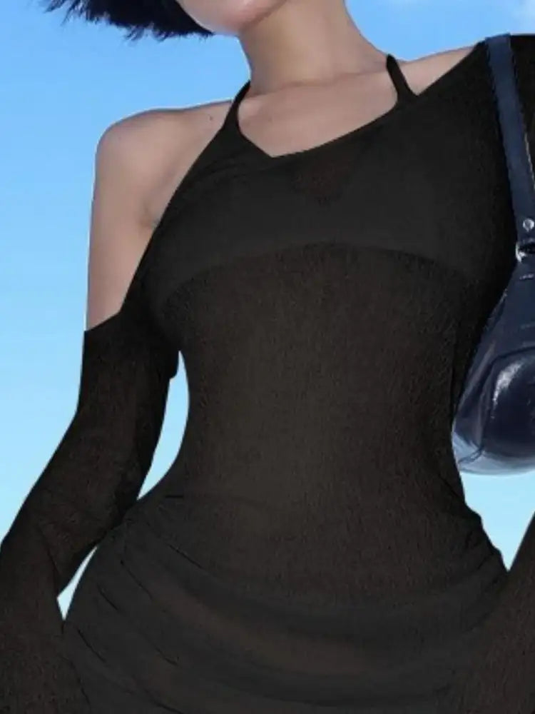 One-Shoulder Bell Sleeve Ruched Mini Cover-Up Dress