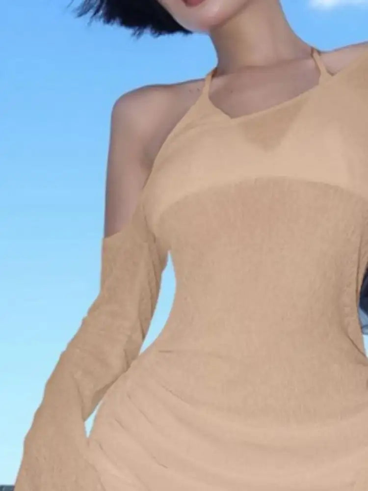 One-Shoulder Bell Sleeve Ruched Mini Cover-Up Dress