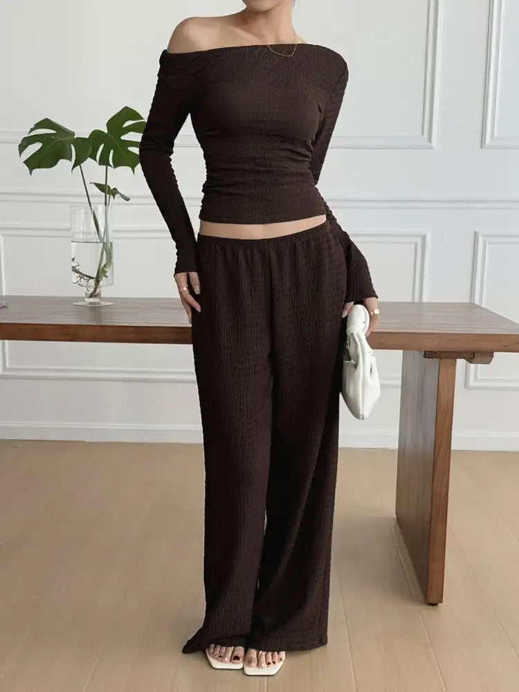 One Shoulder Long Sleeve Top and Pants Set