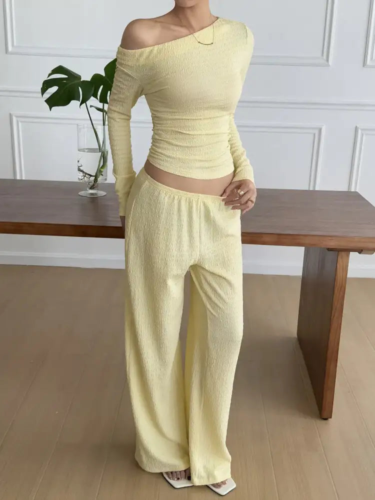 One Shoulder Long Sleeve Top and Pants Set