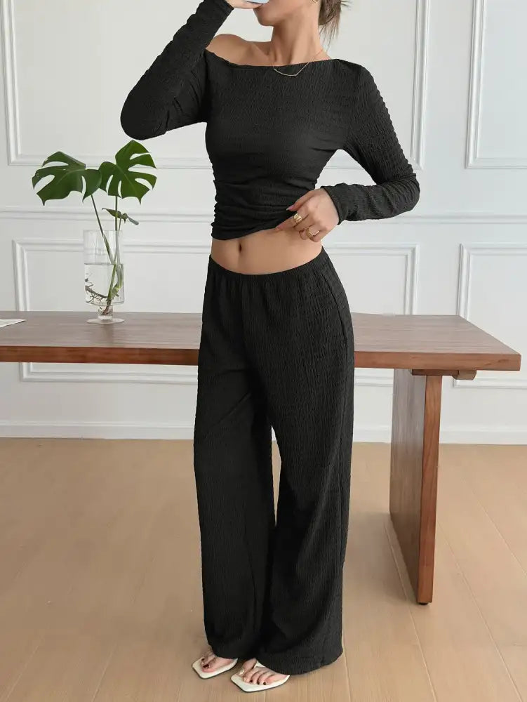 One Shoulder Long Sleeve Top and Pants Set