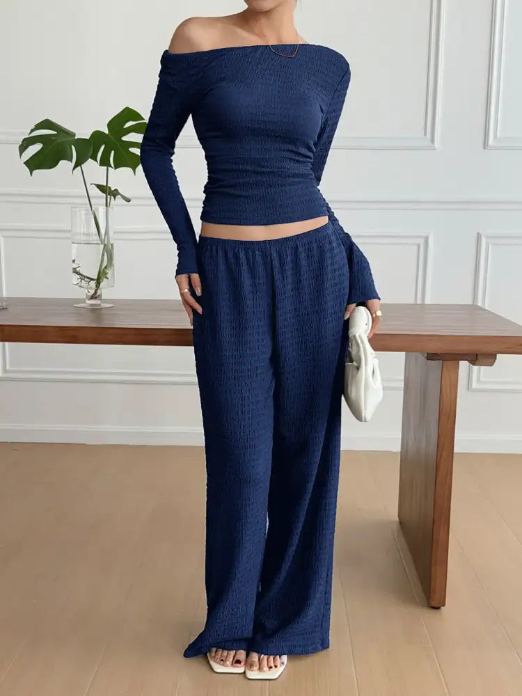 One Shoulder Long Sleeve Top and Pants Set