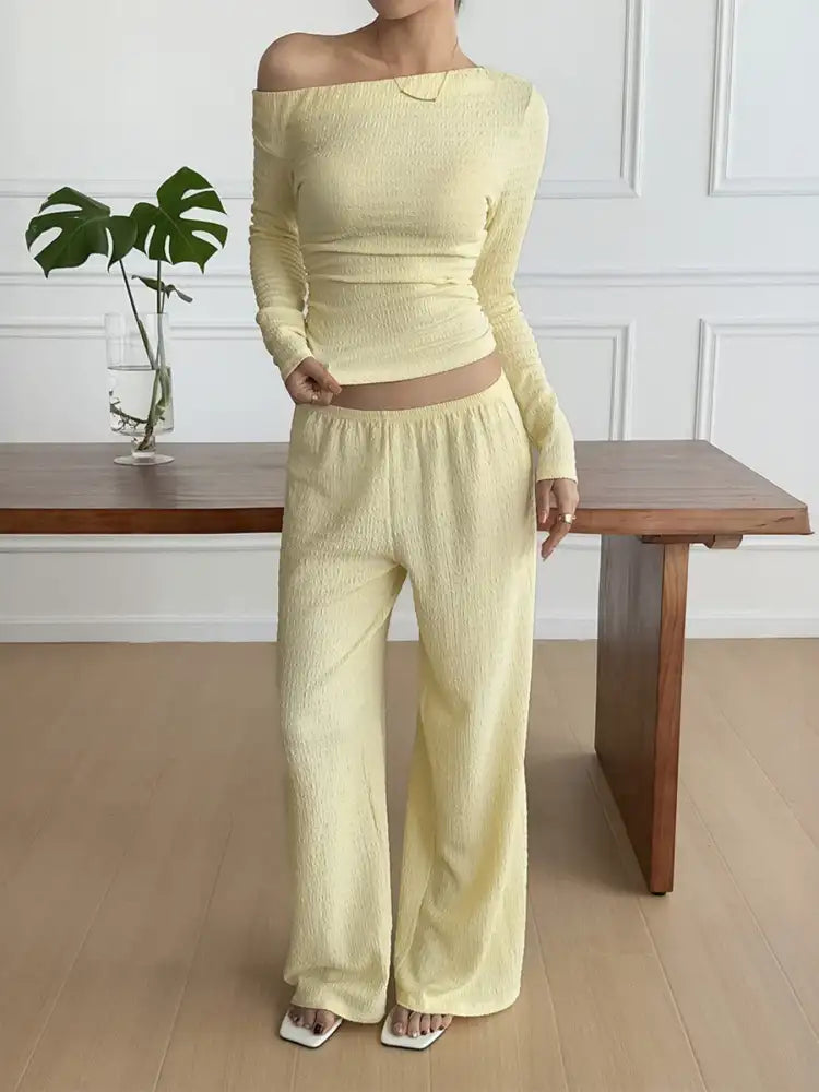 One Shoulder Long Sleeve Top and Pants Set