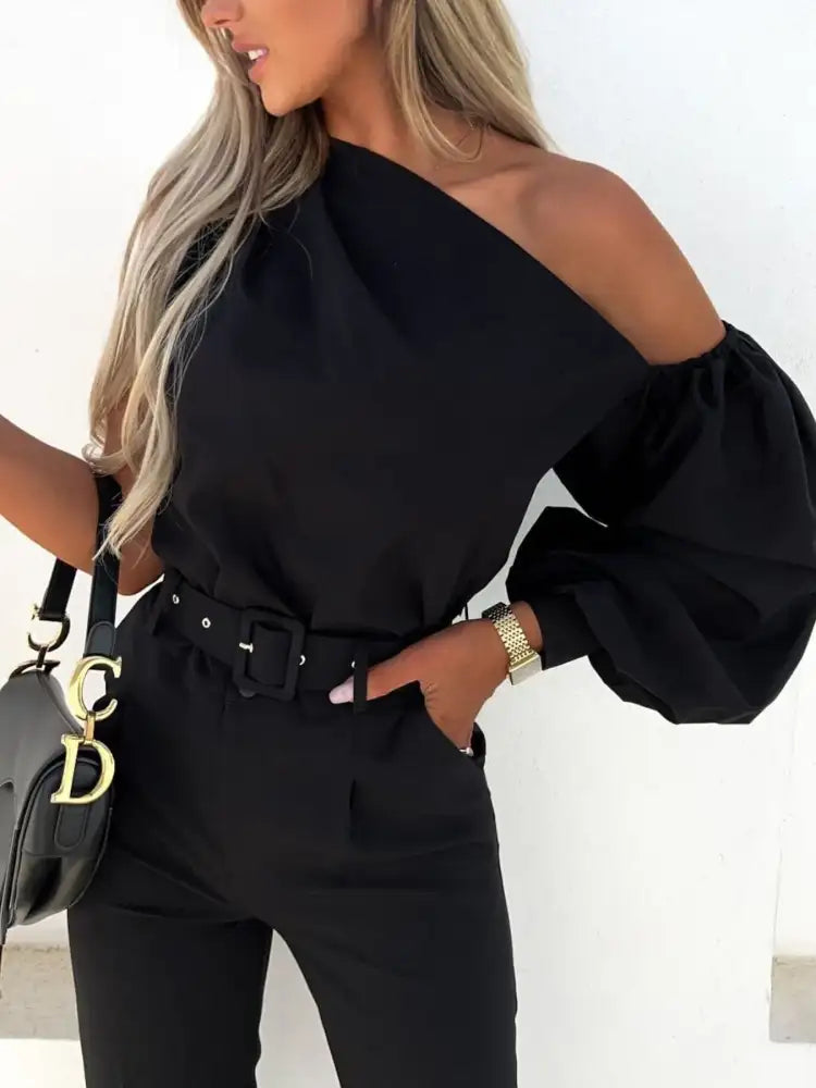 One Shoulder Puff Sleeve Blouse