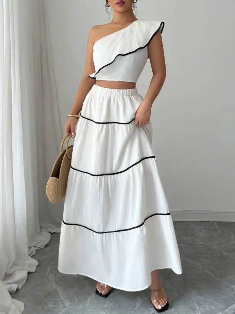 One-Shoulder Ruffle Top and Skirt Two-Piece Set