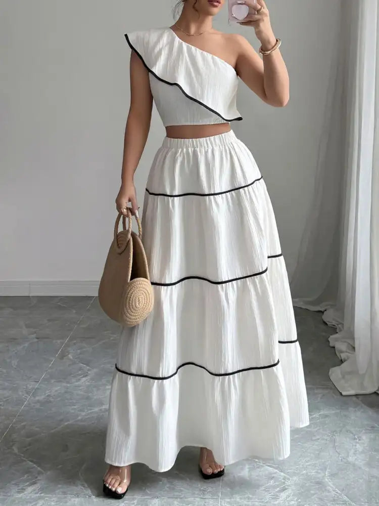 One-Shoulder Ruffle Top and Skirt Two-Piece Set