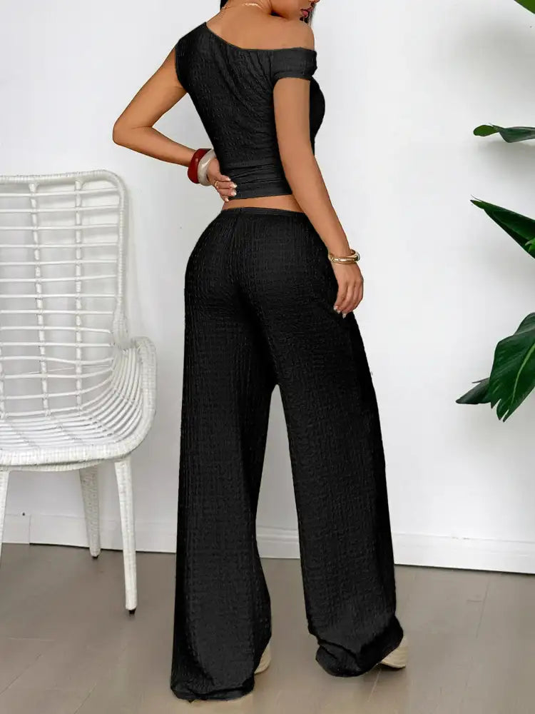 One Shoulder Top and Wide Leg Pants Set