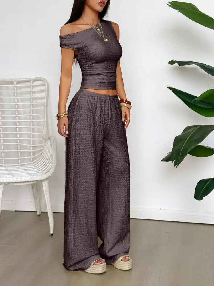 One Shoulder Top and Wide Leg Pants Set
