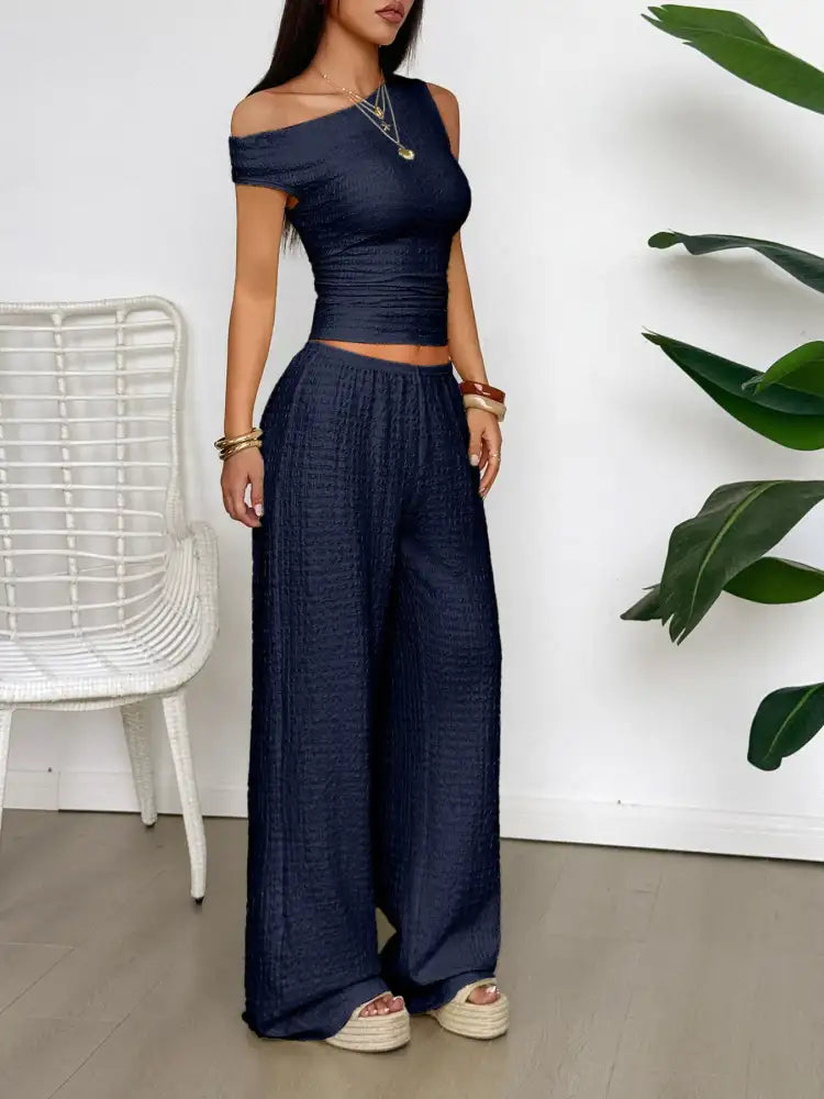 One Shoulder Top and Wide Leg Pants Set