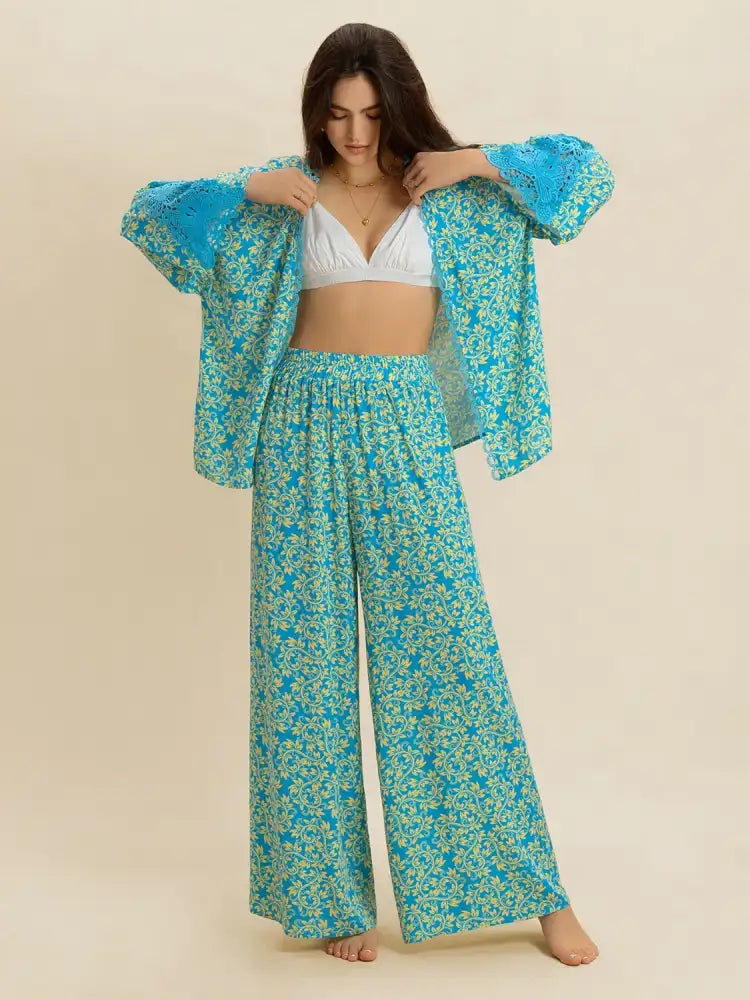 Open Front Printed Top and Pants Set