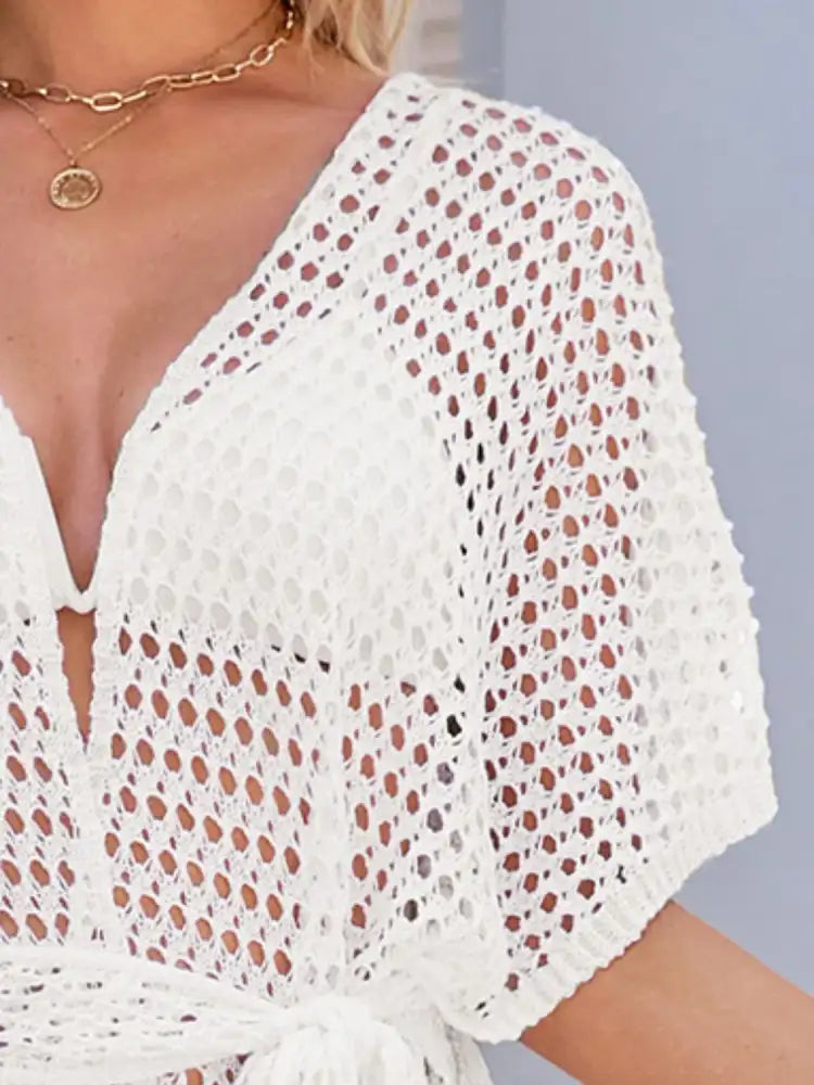 Open Front Tied Openwork Cover-Up