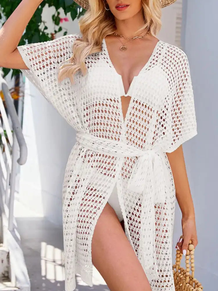 Open Front Tied Openwork Cover-Up