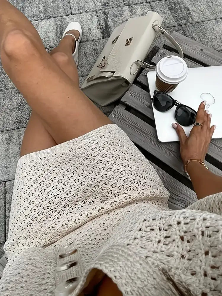 Openwork Button Up Top and Skirt Sweater Set