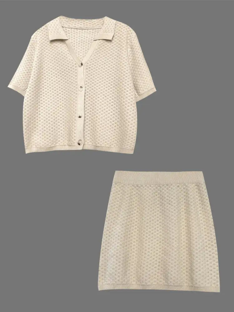 Openwork Button Up Top and Skirt Sweater Set