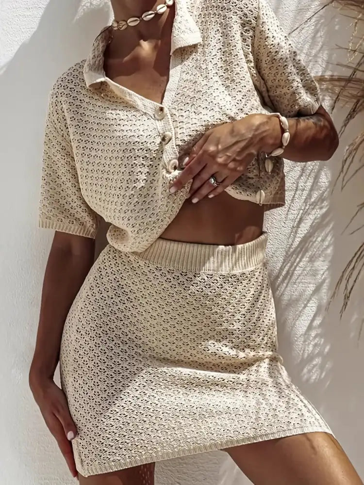 Openwork Button Up Top and Skirt Sweater Set