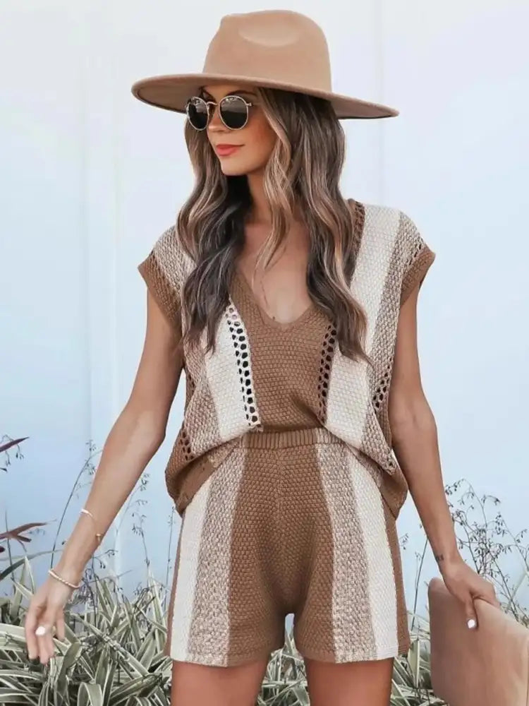 Openwork Color Block V-Neck Top and Shorts Sweater Set