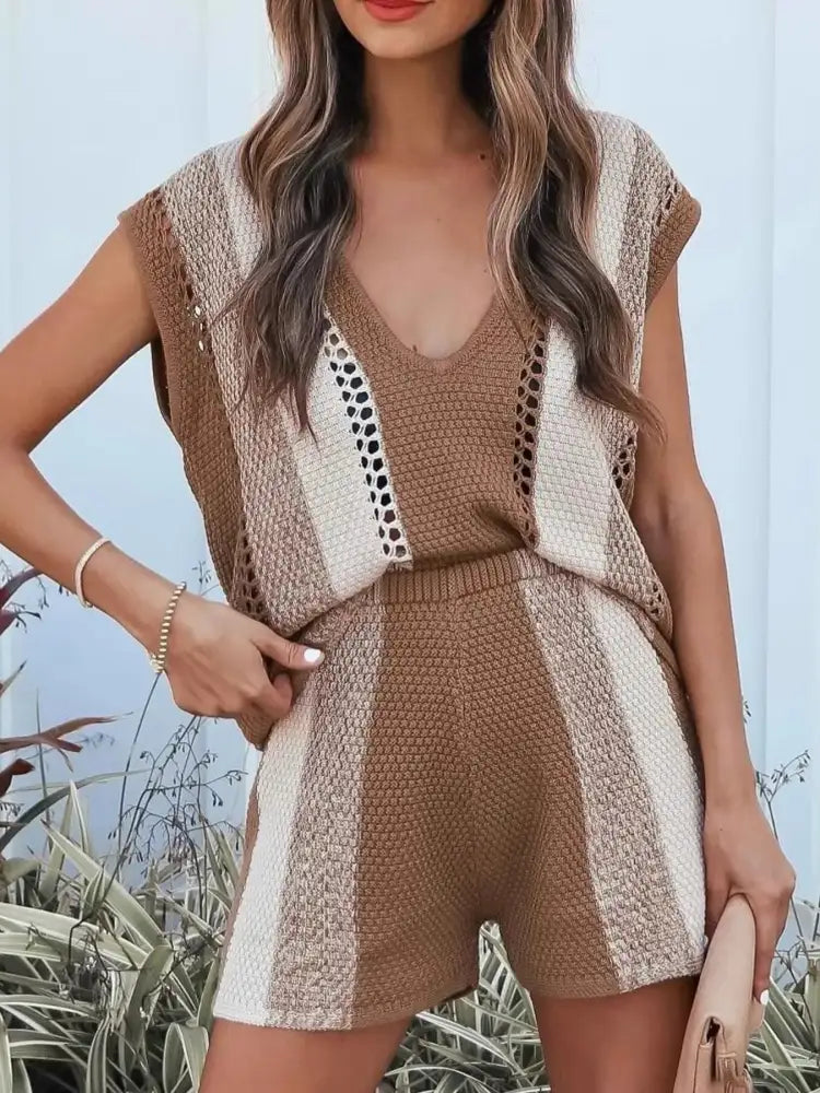 Openwork Color Block V-Neck Top and Shorts Sweater Set