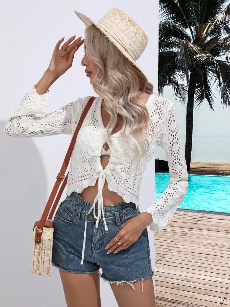 Openwork Drawstring V-Neck Long Sleeve Cover-Up
