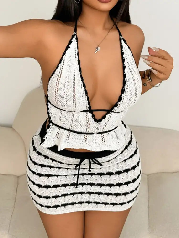 Openwork Halter Neck Cami and Skirt Sweater Set