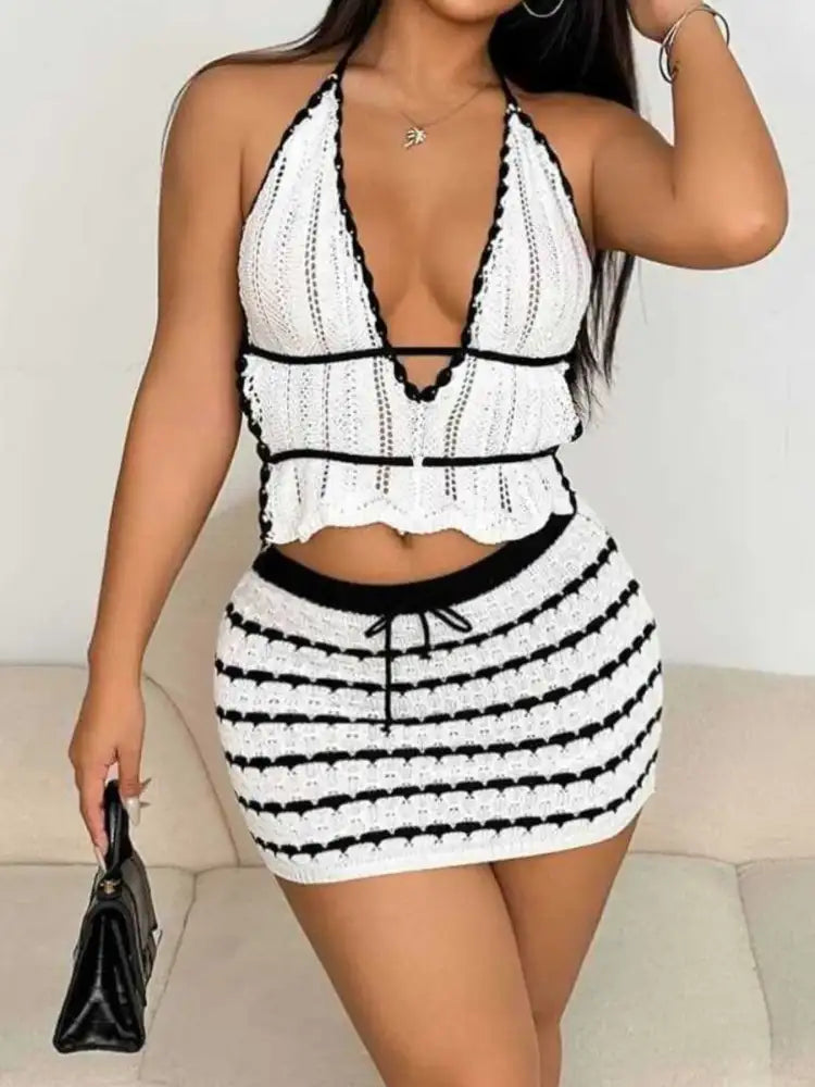 Openwork Halter Neck Cami and Skirt Sweater Set