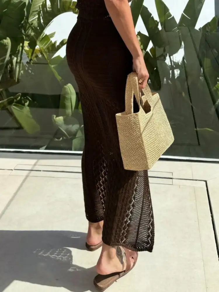 Openwork Round Neck Top and Slit Skirt Sweater Set